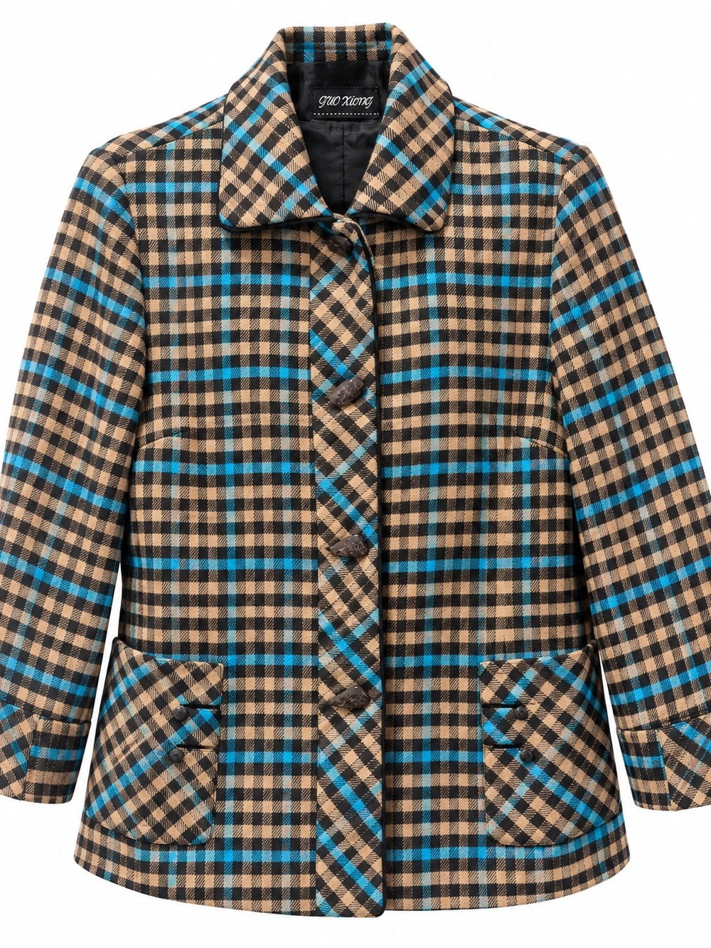 Guo Xiong Plaid Coat in Tan & Blue